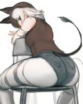  1girl animal_ears animal_print arm_rest ass ass_focus bare_shoulders brown_eyes brown_hair brown_shirt chair crossed_arms denim denim_shorts detached_sleeves extra_ears eyebrows_visible_through_hair from_behind grey_hair hand_rest head_tilt kemono_friends leaning_forward legwear_under_shorts looking_at_viewer medium_hair multicolored_hair okapi_(kemono_friends) okapi_ears okapi_tail pantyhose pocket print_legwear print_sleeves shibori_kasu shirt short_shorts shorts sidelocks sideways_glance simple_background sitting sketch solo spread_legs tail two-tone_hair v white_background 