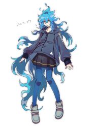  1girl a-pose blue_hair blue_jacket blue_pantyhose breasts dosukotwst fiery_hair fingernails floating_clothes full_body genderswap genderswap_(mtf) hair_between_eyes high_tops hood hood_down hooded_jacket idia_shroud jacket knees_together_feet_apart light_frown long_hair long_sleeves night_raven_college_uniform pale_skin pantyhose pleated_skirt raised_inner_eyebrows school_uniform shoes simple_background skirt sleeves_past_wrists small_breasts sneakers twisted_wonderland very_long_hair wavy_hair white_background white_sneakers yellow_eyes zipper 