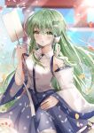  1girl bare_shoulders blue_skirt blurry blurry_background blush breasts detached_sleeves expressionless frog_hair_ornament gohei green_eyes green_hair hair_ornament hair_tubes hand_up highres holding holding_stick kochiya_sanae large_breasts long_hair maruro parted_lips shirt simple_background skirt snake_hair_ornament solo stick touhou upper_body very_long_hair white_background white_shirt wide_sleeves 