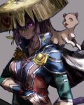  1girl cape coppa cosplay fuurai_no_shiren grey_background highres hololive jampan0823 mouth_hold nekomata_okayu one_eye_covered purple_hair sandogasa shiren_(fuurai_no_shiren) shiren_(fuurai_no_shiren)_(cosplay) sketch stalk_in_mouth violet_eyes 