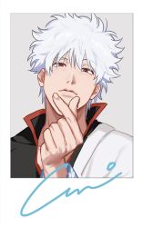  1boy black_shirt border closed_mouth gintama grey_background hadanugi_dousa hair_between_eyes half-closed_eyes hamuyo864 hand_up heart heart-shaped_pupils high_collar highres japanese_clothes kimono looking_at_viewer male_focus outdoors picture_frame portrait red_eyes sakata_gintoki shirt short_hair signature solo symbol-shaped_pupils upper_body white_border white_hair white_kimono 