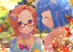  2girls :o ^_^ autumn_leaves bangs blue_hair blue_shirt blunt_bangs blurry blurry_background blurry_foreground blush bow brown_eyes brown_sailor_collar brown_shirt closed_eyes closed_mouth commission depth_of_field eyebrows_visible_through_hair forehead glasses hair_ornament hair_ribbon hairclip highres kouu_hiyoyo leaf maple_leaf multiple_girls outdoors pani_poni_dash! parted_bangs parted_lips pixiv_request profile red-framed_eyewear red_bow ribbon sailor_collar school_uniform serafuku shirt smile sunset suzuki_sayaka tree twintails uehara_miyako upper_body white_ribbon yellow_shirt 