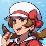  1girl akairiot bird blue_sky bow brown_eyes brown_hair commission hand_up hat hat_bow lens_flare long_hair lyra_(pokemon) open_mouth pokemon pokemon_(game) pokemon_hgss red_bow sky smile solo twintails white_headwear 