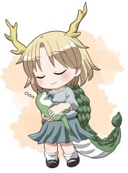  1girl animal antlers black_shoes blonde_hair blue_shirt blue_skirt blush closed_mouth commentary_request dragon_tail full_body fur-tipped_tail green_tail highres holding holding_animal horns kicchou_yachie otter_spirit_(touhou) parted_bangs pleated_skirt rokugou_daisuke shirt shoes short_hair short_sleeves signature skirt smile socks standing tail touhou turtle_shell white_socks yellow_horns 