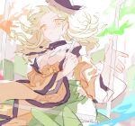  1girl black_headwear blonde_hair blush constellation_print green_skirt highres kyuutame long_hair matara_okina shirt skirt tabard torn_clothes torn_shirt torn_skirt touhou white_shirt yellow_eyes 