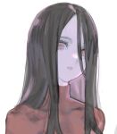  1girl absurdres black_hair colored_inner_hair enkyo_yuuichirou head_tilt highres looking_at_viewer multicolored_hair original parted_lips portrait red_eyes red_shirt shirt simple_background sketch smile solo turtleneck white_background 