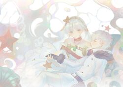  1boy 1girl anastasia_(fate) bare_shoulders blue_eyes closed_eyes dress earrings fate/grand_order fate_(series) fur-trimmed_jacket fur_trim gloves grey_hair guiyuchen21490 hair_between_eyes hairband highres holding_hands jacket jewelry kadoc_zemlupus long_hair multiple_earrings necklace short_hair smile very_long_hair white_dress 