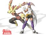  1girl 1other bag bike_shorts boku_no_hero_academia crossover gen_4_pokemon gloves highres kevin_shah lopunny mega_lopunny mega_pokemon mirko muscular muscular_female open_mouth poke_ball pokemon procreate_(medium) satchel shoes sleeveless smile thigh-highs 