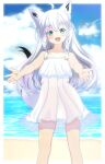  1girl absurdres ahoge animal_ear_fluff animal_ears bangs bare_arms beach blush border braid clouds cloudy_sky collarbone commentary day dress eyebrows_visible_through_hair flat_chest fox_ears fox_girl fox_tail green_eyes hair_between_eyes highres hololive long_hair looking_at_viewer ocean open_hands open_mouth outstretched_arms shirakami_fubuki sidelocks single_braid sky sleeveless sleeveless_dress solo sundress tail takuya_000t virtual_youtuber white_dress white_hair 