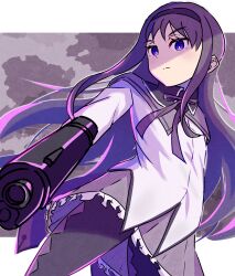  1girl aiming akemi_homura altovc_0615 argyle_clothes argyle_footwear black_boots black_capelet black_hairband boots border bow bowtie bright_pupils capelet closed_mouth clouds cloudy_sky collared_capelet cowboy_shot dress eyelashes frilled_skirt frills frown gun hairband handgun high_collar highres holding holding_gun holding_weapon letterboxed light_blush long_hair long_sleeves looking_at_viewer magical_girl mahou_shoujo_madoka_magica mahou_shoujo_madoka_magica_(anime) miniskirt outdoors outline outside_border pantyhose pleated_skirt purple_bow purple_bowtie purple_capelet purple_hair purple_outline purple_skirt short_dress sidelocks skirt skirt_under_dress sky solo standing thigh_boots tsurime two-tone_capelet very_long_hair violet_eyes weapon white_border white_dress white_pupils 