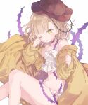  1girl bangs bikini blonde_hair blunt_bangs blush braid briar_rose_(sinoalice) hat jacket looking_at_viewer mizumizu_(phoenix) one_eye_closed open_mouth parted_lips plant ribbon short_hair sinoalice solo swimsuit thorns tired vines white_background white_bikini yellow_eyes 