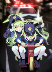  2girls absurdres blue_archive blue_hat blue_jacket blue_shoes blush car chasing fang gloves green_hair hair_between_eyes hat haze_(ohw8g) highres hikari_(blue_archive) jacket long_hair motor_vehicle multiple_girls nozomi_(blue_archive) open_mouth pantyhose peaked_cap pointy_ears police_car riding riding_tricycle shoes sidelocks skin_fang sleeves_rolled_up teeth tricycle twintails upper_teeth_only white_gloves white_pantyhose yellow_eyes 