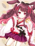  1girl :q animal_ears bangs black_bow blush bow brown_background brown_hair closed_mouth commentary_request dorayaki eyebrows_visible_through_hair food garter_straps hair_bow holding holding_food japanese_clothes kimono lolita_fashion long_hair long_sleeves multicolored_hair original pink_hair pleated_skirt purple_skirt rabbit_ears red_bow red_eyes ribbon_trim shikito skirt sleeves_past_wrists smile solo thigh-highs tongue tongue_out two-tone_hair two_side_up very_long_hair wa_lolita wagashi white_kimono white_legwear wide_sleeves 