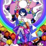  1girl bangs blue_eyes blue_hair boots cape clouds dress footwear_ribbon full_body hair_between_eyes kaigen_1025 knees_together_feet_apart lantern looking_at_viewer multicolored multicolored_clothes multicolored_dress multicolored_hairband pointing pointing_down pointing_up pose purple_footwear rainbow rainbow_gradient short_hair sitting sky_print solo tenkyuu_chimata touhou two-sided_cape two-sided_fabric white_cape 