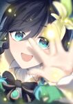  1boy androgynous bangs black_hair blue_hair blurry blurry_foreground bow braid brooch cape collared_cape collared_shirt commentary_request eyebrows_visible_through_hair flower frilled_sleeves frills gem genshin_impact gradient_hair green_eyes hair_flower hair_ornament hanaki_yuu highres jewelry leaf light_particles long_sleeves looking_at_viewer male_focus multicolored_hair open_mouth shirt short_hair_with_long_locks smile solo twin_braids venti_(genshin_impact) white_flower white_shirt 