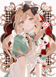  1girl alice_(alice_in_wonderland) alice_in_wonderland apron aqua_dress aqua_eyes black_ribbon blonde_hair closed_mouth commentary_request dress earrings hair_ribbon highres jewelry looking_at_viewer original puffy_short_sleeves puffy_sleeves ribbon satsuki_(miicat) short_sleeves solo striped_ribbon upper_body white_apron 