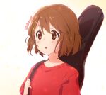  1girl atu bag bangs brown_eyes brown_hair close-up commentary_request eyebrows_visible_through_hair gradient gradient_background guitar_case hair_between_eyes hair_ornament hairclip hirasawa_yui holding holding_bag instrument_case k-on! light_blush light_particles light_smile looking_away messy_hair open_mouth red_shirt shiny shiny_hair shirt short_hair short_sleeves signature simple_background solo strap white_background 