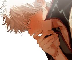  1boy blush brown_eyes close-up covering_own_mouth from_side gintama hand_over_own_mouth highres japanese_clothes male_focus messy_hair popped_collar portrait profile sakata_gintoki short_hair solo sweat sweatdrop upper_body white_background white_hair ww034518297 