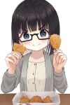  &gt;:) 1girl bangs black-framed_eyewear black_hair blue_eyes blush breasts closed_mouth dress eyebrows_visible_through_hair food food_on_face glasses grey_jacket hands_up highres holding holding_food jacket long_sleeves looking_at_viewer mimikaki_(men_bow) open_clothes open_jacket original semi-rimless_eyewear simple_background small_breasts smile solo under-rim_eyewear v-shaped_eyebrows white_background white_dress 