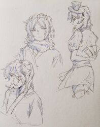  3others ametsukana_yago bandage_over_one_eye bare_arms card cropped_legs cropped_torso dice_hair_ornament expressionless eyelashes graphite_(medium) greyscale hair_between_eyes hair_ornament hair_rollers hairband hand_on_own_chin highres holding holding_behind_back holding_card japanese_clothes jishixingle1029 kimono len&#039;en light_frown long_sleeves looking_at_viewer looking_back mask mask_on_head medium_hair miniskirt monochrome multiple_others noh_mask open_mouth photo_(medium) playing_card puffy_short_sleeves puffy_sleeves ribbon_legwear scarf short_sleeves sketch skirt smile teeth thigh-highs thinking traditional_media vest xeno_a zuifeng_tenkai 