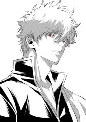  1boy adam's_apple collarbone collared_shirt gintama hair_between_eyes high_collar looking_to_the_side male_focus open_collar parted_lips popped_collar red_eyes sakata_gintoki shirt short_hair sideways_glance simple_background solo spot_color upper_body white_background yubi_nui21 