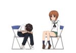  1boy 1girl 9s0ykoyama117 absurdres bangs belt black_belt black_legwear black_neckwear black_pants blouse brown_eyes brown_footwear brown_hair chair crossover dress_shirt empty_eyes eyebrows_visible_through_hair folding_chair frown girls_und_panzer green_skirt hands_together highres ikari_shinji interlocked_fingers leaning_forward loafers long_sleeves miniskirt neckerchief neon_genesis_evangelion nishizumi_miho ooarai_school_uniform pants parted_lips pleated_skirt sailor_collar school_uniform serafuku shirt shoes short_hair short_sleeves simple_background sitting skirt sneakers socks very_short_hair white_background white_blouse white_footwear white_sailor_collar white_shirt wing_collar 