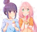  +_+ 2girls ahoge atu bangs blue_eyes blue_hair blue_shirt blush bra_strap casual closed_mouth collared_shirt commentary_request dessert double_scoop eating eyebrows_visible_through_hair eyes_visible_through_hair food hair_bun hair_ornament hair_tie holding holding_food holding_spoon ice_cream ice_cream_cone ice_cream_cup ice_cream_scoop ice_cream_spoon jacket kagamihara_nadeshiko light_particles long_hair looking_at_another looking_at_viewer multiple_girls orange_jacket orange_shirt pink_hair shima_rin shirt signature simple_background sleeves_rolled_up smile sparkle sparkling_eyes spoon standing star-shaped_pupils star_(symbol) sweatdrop symbol-shaped_pupils tied_hair triangle twintails violet_eyes white_background yurucamp 