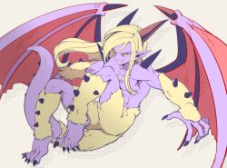  1boy barefoot bat_wings black_horns black_nails chest_jewel colored_skin commentary_request dragon_quest dragon_quest_xi evil_grin evil_smile fingernails floating_hair gem grey_background grin homeros_(dq11) horns katori_(katokichi) knees_up long_hair looking_at_viewer looking_to_the_side male_focus monster_boy muscular muscular_male official_alternate_design parted_hair pointy_ears purple_skin red_eyes sharp_fingernails sharp_teeth sharp_toenails shoulder_spikes smile solo spikes spoilers tail teeth toenails topless_male transformation white_fur white_gemstone white_hair wings 