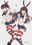  2girls akagi_(kancolle) black_panties blue_skirt breasts brown_eyes brown_hair cosplay elbow_gloves eyebrows_visible_through_hair gloves hair_between_eyes hairband heart highleg highleg_panties kaga_(kancolle) kantai_collection large_breasts long_hair midriff miniskirt multiple_girls navel neckerchief open_mouth panties rin_(rin_niji) sailor_collar school_uniform serafuku shimakaze_(kancolle) shimakaze_(kancolle)_(cosplay) shirt sideboob simple_background skirt thigh-highs twitter_username underwear white_gloves white_shirt 