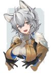  1girl animal_ears arknights bangs black_gloves breasts cliffheart_(arknights) eyebrows_visible_through_hair fang fur-trimmed_jacket fur_trim gloves grey_eyes grey_hair highres hood hood_down hooded_jacket jacket leopard_ears leopard_girl long_sleeves looking_at_viewer medium_breasts mikojin official_art open_clothes open_jacket open_mouth ribbed_sweater short_hair skin_fang smile solo sweater turtleneck turtleneck_sweater upper_body white_sweater yellow_jacket 