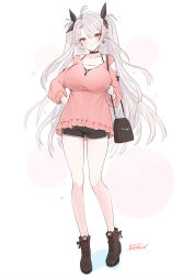  1girl alternate_costume antenna_hair azur_lane bag boots breasts casual clothing_cutout cross cross_earrings earrings full_body grey_hair highres iron_cross jewelry large_breasts livetarica long_hair multicolored_hair prinz_eugen_(azur_lane) short_shorts shorts shoulder_bag shoulder_cutout solo streaked_hair two_side_up 
