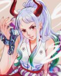  1girl aoitorix bare_shoulders chain collarbone cuffs curled_horns gradient_hair green_hair high_ponytail highres horns japanese_clothes kataginu looking_at_viewer multicolored_hair multicolored_horns one_piece oni orange_horns red_eyes red_horns rope shackles shimenawa silver_hair solo upper_body yamato_(one_piece) yellow_horns 
