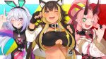  3girls :q absurdres animal_ear_fluff animal_ears aqua_eyes bangs black_gloves black_hair black_hairband blonde_hair breasts cat_ears cat_girl clothing_cutout detached_sleeves fingerless_gloves gloves hairband highres hikimayu horns indie_virtual_youtuber jacket large_breasts light_purple_hair long_hair long_sleeves matchyama_matchka multicolored_hair multiple_girls nekoyo_chloe one_eye_closed oni_horns onigashima_peach open_clothes open_jacket open_mouth pink_hair red_eyes short_eyebrows short_hair smile thick_eyebrows tonarikeru tongue tongue_out two-tone_hair underboob_cutout upper_body v white_jacket yellow_eyes 