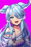  1girl :3 animal_ears artist_name blue_hair breasts collarbone dragon_ears dragon_girl elira_pendora english_commentary eyes_visible_through_hair flat_chest grey_overalls hair_ornament hair_over_one_eye head_tilt highres long_hair mole mole_on_breast nijisanji nijisanji_en off_shoulder open_mouth overalls plus_sign purple_background purple_sweater smile solo sweater upper_body virtual_youtuber yokura_(yukilina) 