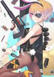  1girl ace_of_hearts animal_ears assault_rifle backless_outfit black_leotard blonde_hair breasts bunny_tail card commentary_request detached_collar explosive eyebrows_visible_through_hair eyepatch fake_animal_ears fake_tail grenade gun harness high_heels highres kunai leotard looking_at_viewer original pantyhose playboy_bunny playing_card poker_chip rifle samaru_(seiga) short_hair small_breasts solo strapless strapless_leotard tail thigh_sheath trigger_discipline violet_eyes weapon weapon_request wrist_cuffs 