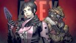  1girl 1other ambiguous_gender apex_legends black_hair bloodhound_(apex_legends) bodysuit breasts crossed_arms fur_trim gas_mask hair_behind_ear hair_bun helmet highres holding holding_knife knife kunai looking_at_viewer mask medium_breasts mouth_mask no_pupils nose_piercing piercing pink_bodysuit thinker_0616 void_specialist_wraith weapon white_eyes wraith_(apex_legends) 