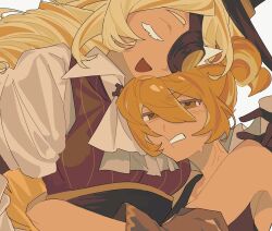  2girls :d anger_vein ascot bare_shoulders black_tank_top blonde_hair brown_eyes brown_gloves brown_hair brown_vest chinese_commentary clenched_teeth closed_eyes collared_shirt colored_eyelashes commentary_request cookie_run cookie_run:_ovenbreak croissant_cookie dark-skinned_female dark_skin double-parted_bangs dual_persona eyepatch food-themed_hair gloves hair_between_eyes hair_bun highres long_hair multicolored_hair multiple_girls one_eye_covered open_mouth pinstripe_pattern pinstripe_vest shirt short_hair simple_background single_hair_bun smile streaked_hair tank_top teeth timekeeper_cookie tongue two-tone_hair u_u upper_body v-shaped_eyebrows vest white_ascot white_background white_eyelashes white_shirt yakameee 