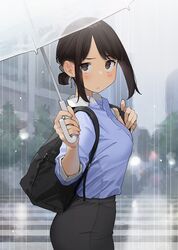  1girl backpack bag black_bag black_pants blue_shirt blush brown_eyes collared_shirt douki-chan_(yomu_(sgt_epper)) from_side ganbare_douki-chan hands_up highres holding holding_umbrella long_sleeves looking_at_viewer outdoors pants parted_lips rain shirt shirt_tucked_in sidelocks solo umbrella yomu_(sgt_epper) 