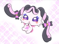  1girl :o beamed_eighth_notes black_bow black_hair blush_stickers bow butterfly_bow butterfly_hair_ornament collar commentary creature curly_hair facial_mark fairy four-pointed_star full_body fur-trimmed_collar fur_trim hair_bow hair_ornament hands_on_own_face heart heart_facial_mark karon-t kimi_to_idol_precure looking_at_viewer mascot meroron_(precure) midair multicolored_bow multicolored_hair musical_note no_fingers no_humans open_mouth own_hands_together pink_background pink_bow pink_collar pink_fur pink_hair precure short_twintails solo sparkle sparkle_background star-shaped_pupils star_(symbol) star_hair_ornament symbol-shaped_pupils tail twintails two-tone_bow two-tone_hair violet_eyes 