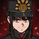  1boy akairiot bangs black_hair commission fate/grand_order fate_(series) hat long_hair looking_at_viewer oda_nobukatsu_(fate) portrait red_background red_eyes shadow smile solo 