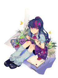 1girl :3 alternate_legwear black_hair black_shoes book bow bowtie bug butterfly closed_mouth collared_shirt cutie_mark dog food from_above frown fruit grass hair_ornament hands_up high_ponytail highres holding holding_book kneehighs knees_up long_hair long_sleeves loose_socks medium_skirt multicolored_hair my_little_pony my_little_pony:_equestria_girls my_little_pony:_friendship_is_magic on_grass open_book pink_bow pink_bowtie pink_hair pleated_skirt pomegranate ponytail puffy_short_sleeves puffy_sleeves purple_hair purple_skirt shirt shoes short_sleeves sidelocks simple_background sitting skirt socks solo spike_(my_little_pony) streaked_hair swept_bangs twilight_sparkle twilight_sparkle_(human) white_background white_shirt white_socks wumingshi61160 yellow_butterfly 