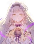  1girl bangs blonde_hair blunt_bangs blush braid briar_rose_(sinoalice) closed_mouth doll flower holding holding_doll ishikoro1645 long_sleeves looking_at_viewer plant ribbon rose short_hair sinoalice sketch smile solo thorns veil vines white_background white_flower white_rose yellow_eyes 