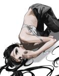  1girl 2pineapplepizza bent_over black_eyes black_hair black_pants commentary_request hand_to_own_mouth highres korean_commentary long_hair long_pants on_floor original pants shirt side-tie_shirt simple_background skinny white_background white_shirt 