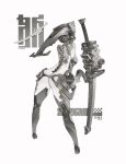  ass back bodysuit highres impossible_clothes liren44 looking_away mecha_musume mechanical_arms original simple_background skin_tight sword thick_thighs thighs weapon white_background 