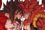  2boys anger_vein bare_pectorals black_hair bleeding blood blood_on_face blue_eyes brown_fur dragon_ball dragon_ball_gt dragon_ball_heroes earrings eye_contact face-to-face facing_another forehead-to-forehead gogeta head_to_head highres injury jewelry looking_at_another metamoran_vest monkey_boy monkey_tail multiple_boys muscular muscular_male no_nipples pectorals potara_earrings red_fur redhead relio_db318 smirk spiky_hair super_saiyan super_saiyan_4 tail vegetto vegetto_(xeno) veins 