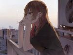  1girl air_conditioner brown_hair city daluto_(hitomi555) ear_piercing elbow_rest evening from_side hands_clasped head_rest highres industrial_piercing long_hair original own_hands_together piercing railing rooftop skyline solo upper_body 