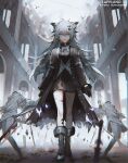  1girl animal_ears arknights black_coat black_dress black_footwear blue_eyes boots character_name coat commentary dress full_body hair_ornament hairclip holding holding_sword holding_weapon lappland_(arknights) lappland_(refined_horrormare)_(arknights) lococo:p looking_at_viewer messy_hair official_alternate_costume oripathy_lesion_(arknights) solo statue sword typo walking weapon white_hair wolf_ears 