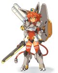  1girl ahoge armor arms_at_sides black_gloves black_panties closed_mouth commentary energy_sword english_commentary full_body gloves green_eyes highres holding holding_sword holding_weapon looking_at_viewer mecha_musume medium_hair orange_hair original panties pauldrons red_legwear red_sweater ribbed_sweater rigging robot_ears shoulder_armor simple_background solo standing sweater sword tail thigh-highs turtleneck turtleneck_sweater underwear vins-mousseux weapon white_background 