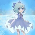 1girl aqua_hair blue_bow blue_dress blue_eyes bow cirno day dress eyebrows_visible_through_hair fang hair_between_eyes hair_bow ice ice_wings neck_ribbon open_mouth outdoors pi_p_y red_neckwear ribbon short_sleeves skin_fang sky snow solo touhou wings 