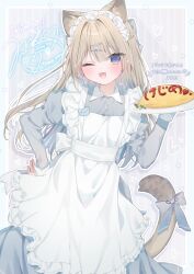  1girl ;d alternate_costume animal_ear_fluff animal_ears apron black_bow blue_border blue_bow blue_hair blush border bow braid brown_hair cat_ears cat_girl cat_tail character_name collared_dress colored_inner_hair commentary_request commission commissioner_name cowboy_shot dress enmaided fang floating_hair food frilled_apron frills garnish grey_bow grey_dress hair_bow hair_intakes hair_ornament hairpin half_up_braid hand_on_own_hip hand_up heart holding holding_plate indie_virtual_youtuber juliet_sleeves ketchup long_dress long_hair long_sleeves looking_at_viewer loving_aura mafuyu_(chibi21) mafuyu_(streamer) maid maid_apron maid_headdress multicolored_hair multicolored_text multiple_hairpins name_tag omelet omurice one_eye_closed open_mouth outline plate price puffy_sleeves purple_background self-portrait signature skeb_commission sleeve_cuffs smile solo tail tail_bow tail_ornament translation_request two-tone_hair vertical-striped_background violet_eyes virtual_youtuber white_apron white_outline white_sleeve_cuffs 